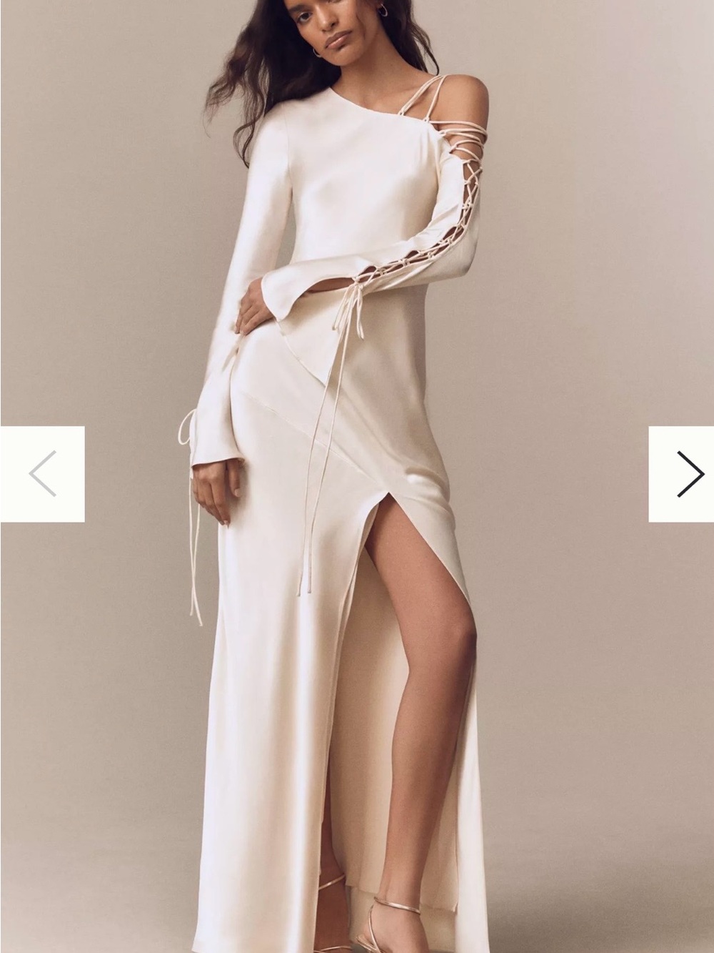 Shona Joy Ivory One-Shoulder Maxi Dress with Lace-Up Sleeve